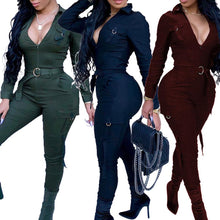 Load image into Gallery viewer, Sexy Women Bodycon Jumpsuit Sexy V-neck Long Sleeve Army Green Solid Casual Bodysuit Ladies Vintage long Jumpsuit Romper