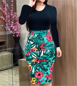 4XL 5XL Plus Size Women Dress Autumn Sexy Slim Package Hips Mini Dresses Casual Long Sleeve Patchwork Floral Print Dress Vestido