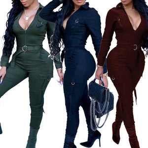 Sexy Women Bodycon Jumpsuit Sexy V-neck Long Sleeve Army Green Solid Casual Bodysuit Ladies Vintage long Jumpsuit Romper