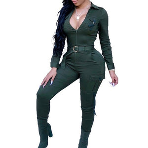 Sexy Women Bodycon Jumpsuit Sexy V-neck Long Sleeve Army Green Solid Casual Bodysuit Ladies Vintage long Jumpsuit Romper