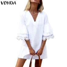 Load image into Gallery viewer, VONDA Office Dress Women Hollow Half Fare Sleeve Ruffle Party Mini Dress Female Summer Sundress 2020 Plus Size V Neck Vestidos
