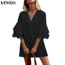 Load image into Gallery viewer, VONDA Office Dress Women Hollow Half Fare Sleeve Ruffle Party Mini Dress Female Summer Sundress 2020 Plus Size V Neck Vestidos
