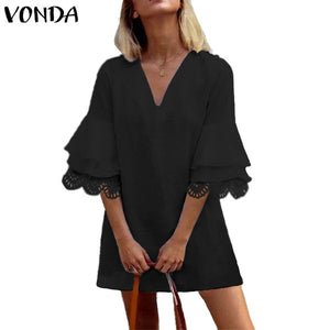 VONDA Office Dress Women Hollow Half Fare Sleeve Ruffle Party Mini Dress Female Summer Sundress 2020 Plus Size V Neck Vestidos