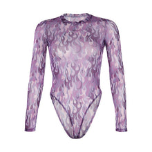 Load image into Gallery viewer, Fashion Transparent Sexy Mesh Bodysuit Women Purple Flaming Fire Print Rompers Ladies O-neck Long Sleeve Jumpsuit Autumn Tops
