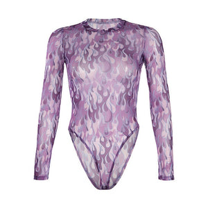 Fashion Transparent Sexy Mesh Bodysuit Women Purple Flaming Fire Print Rompers Ladies O-neck Long Sleeve Jumpsuit Autumn Tops