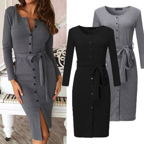 Fashion Women Bandage Bodycon Casual Long Sleeve Evening Party Dresses Button Club Midi Dress