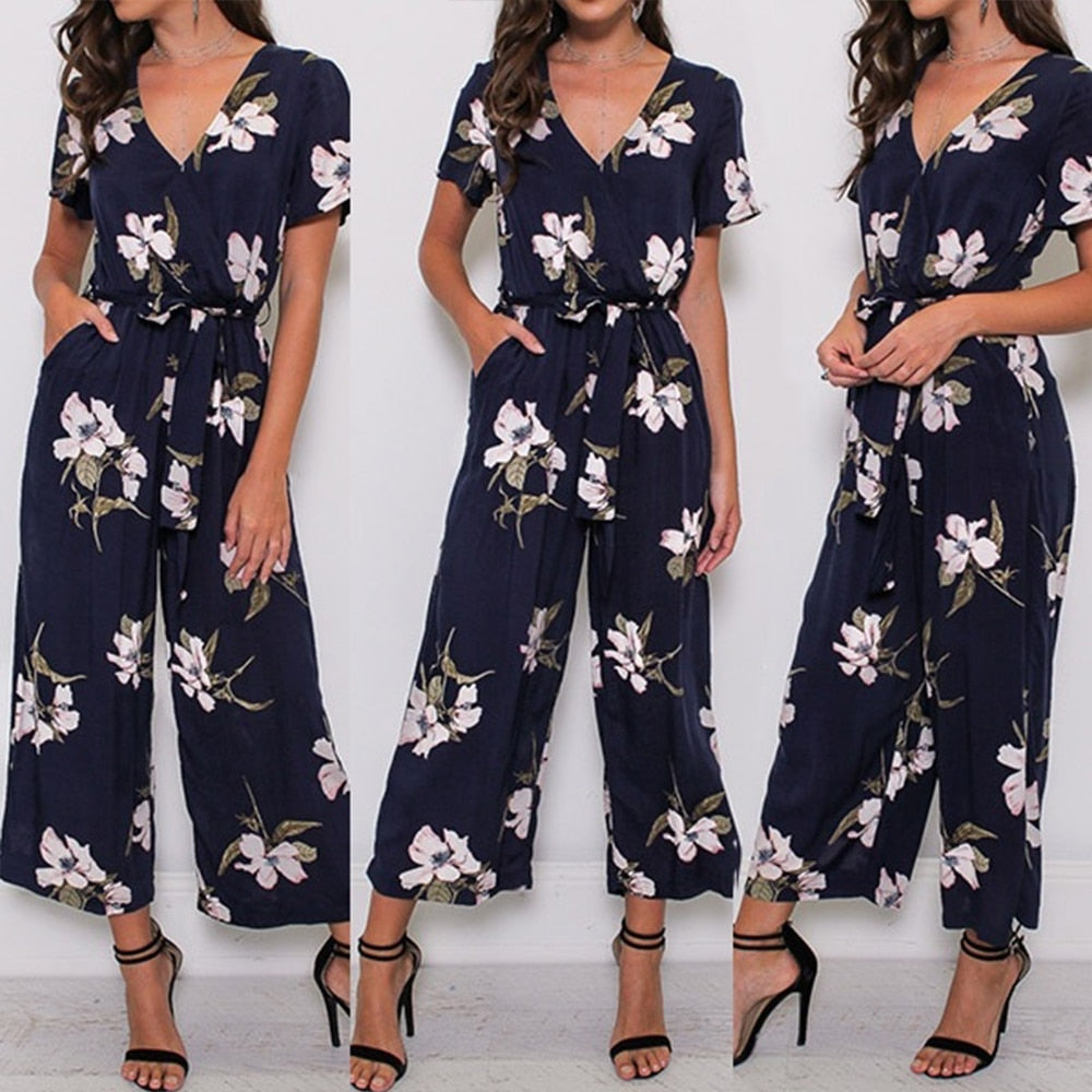 Women V Neck Loose Playsuit Ladies Party Romper Plus Size Short Sleeve Floral Print Long Jumpsuit